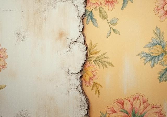 Dettaglio di un palazzo storico con una porzione di carta da parati antica accanto a quella restaurata.